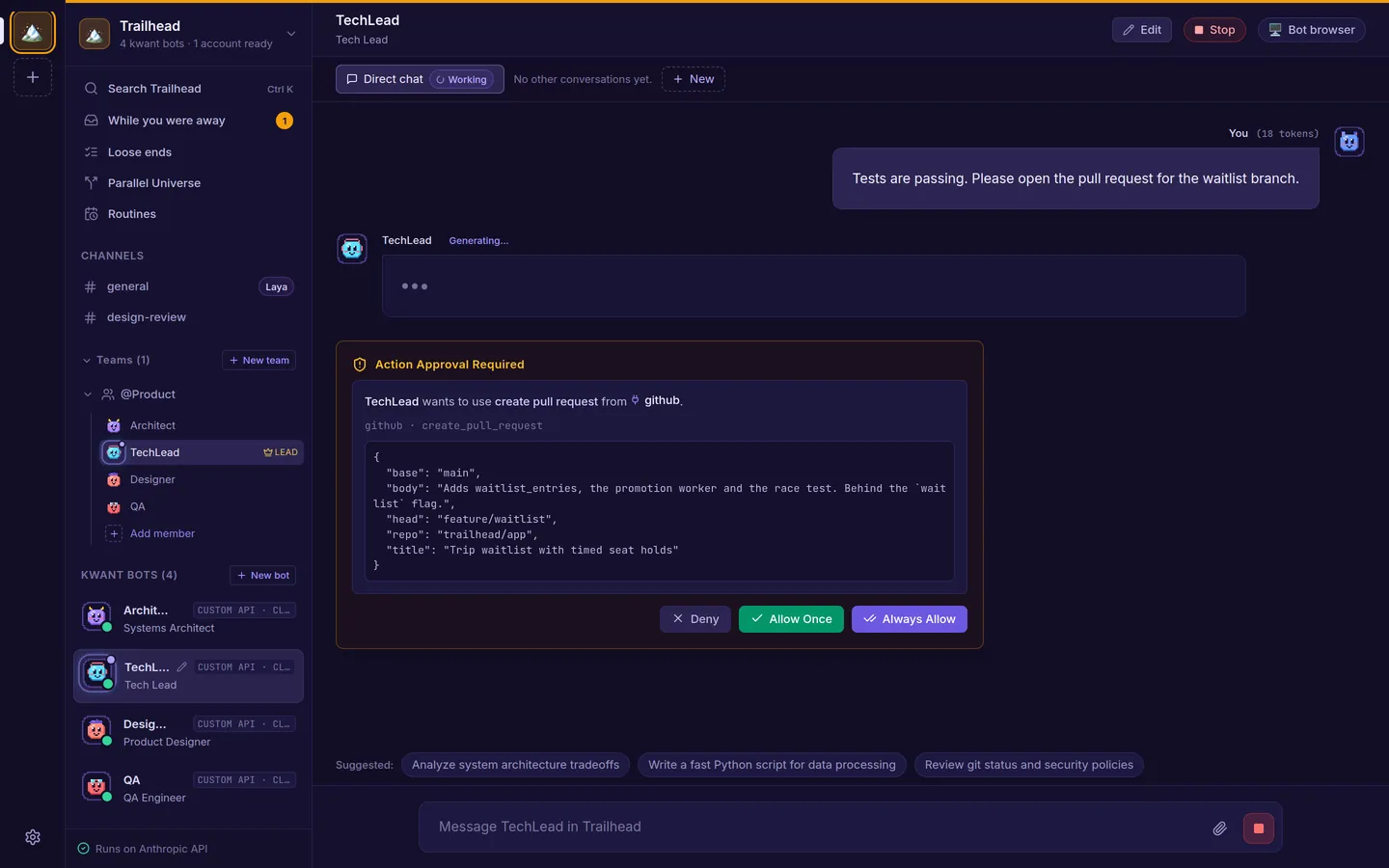 An Action Approval Required card for a GitHub create pull request call, showing the full arguments with Deny, Allow Once and Always Allow buttons.