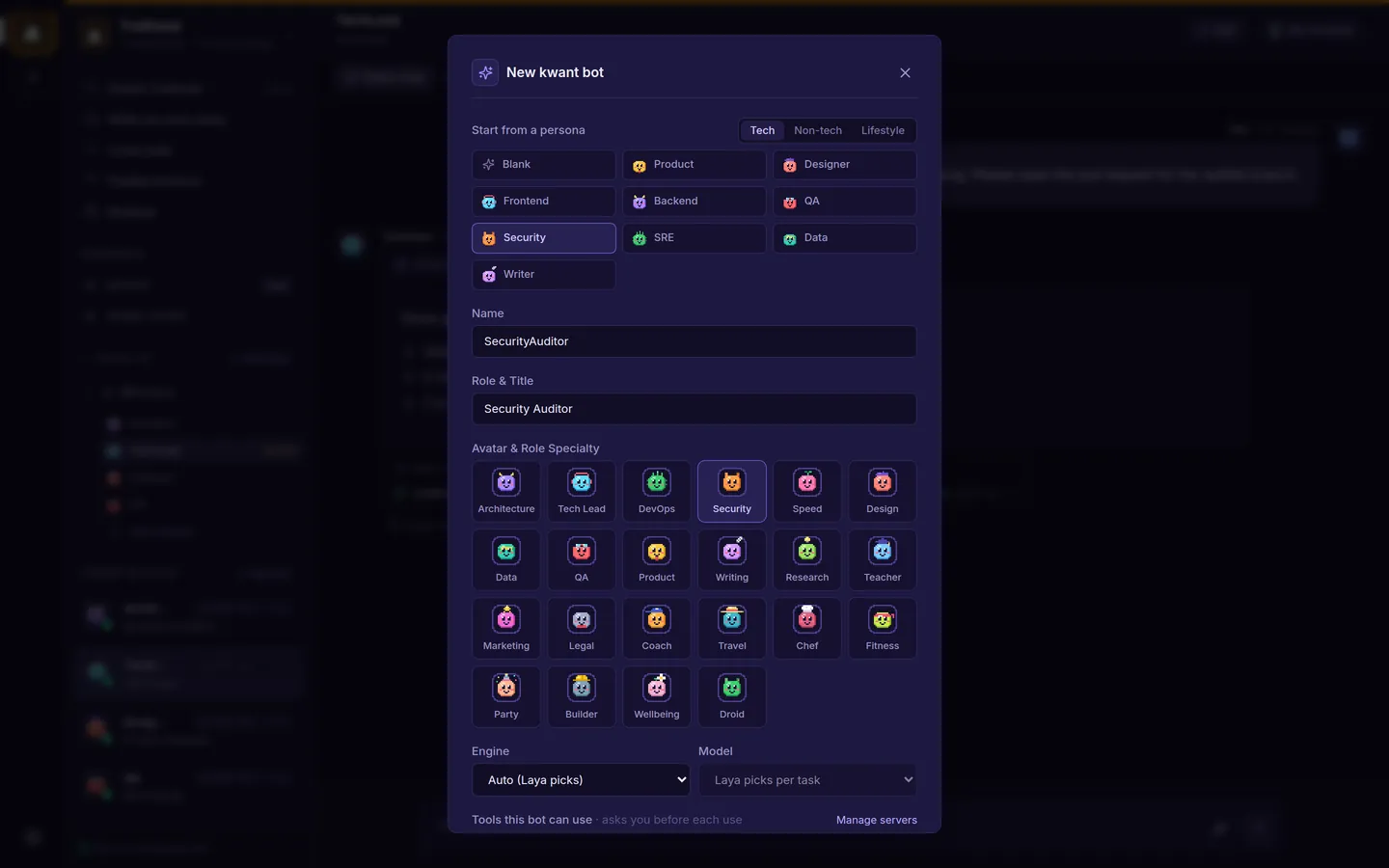 The New bot dialog with the Security preset picked, showing the Tech, Non-tech and Lifestyle tabs and the avatar grid.
