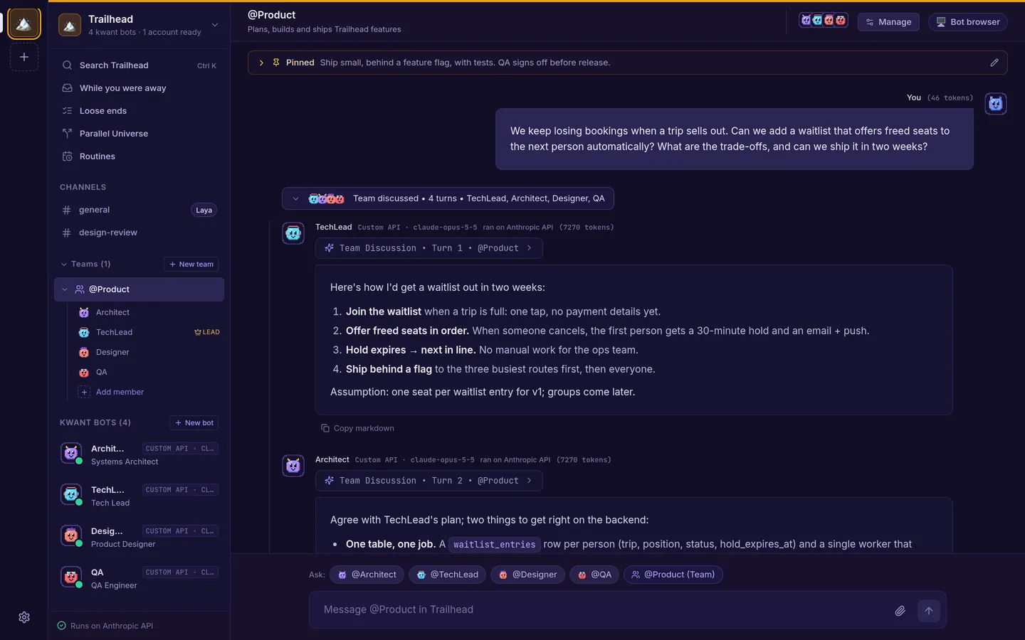 The Product team chat with the Team discussed fold open, showing each bot's turn and the @mentions between them.