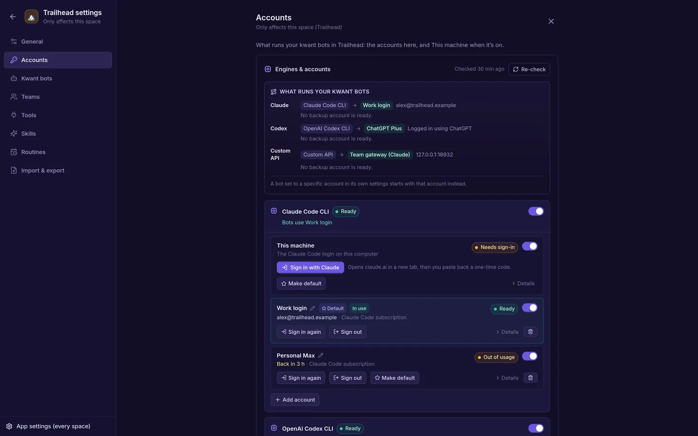 Space settings, Accounts tab. The Work login is the default, in use and ready. Personal Max is out of usage and back in 3 hours. This machine needs a sign-in.