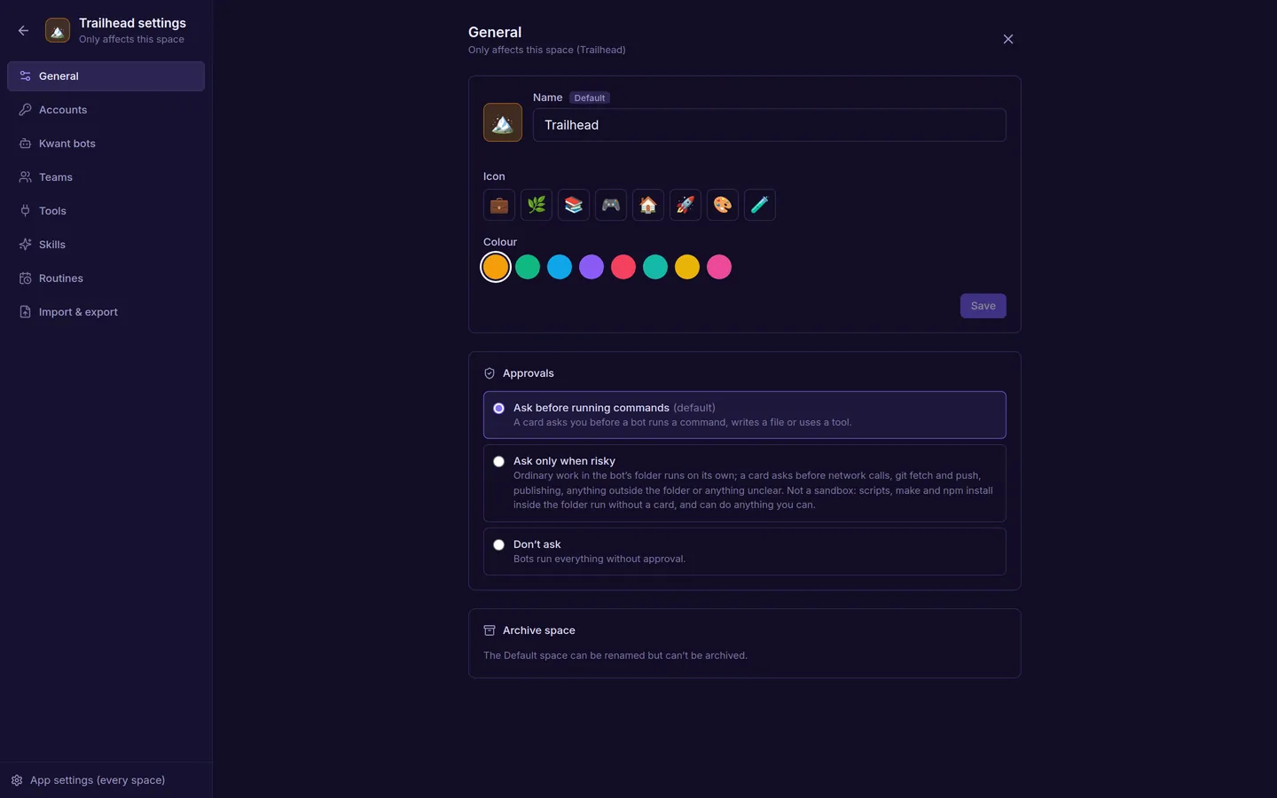 Space settings for a space, General tab: name, icon, colour, the approval rule with Ask before running commands, Ask only when risky and Don't ask, and Archive space.